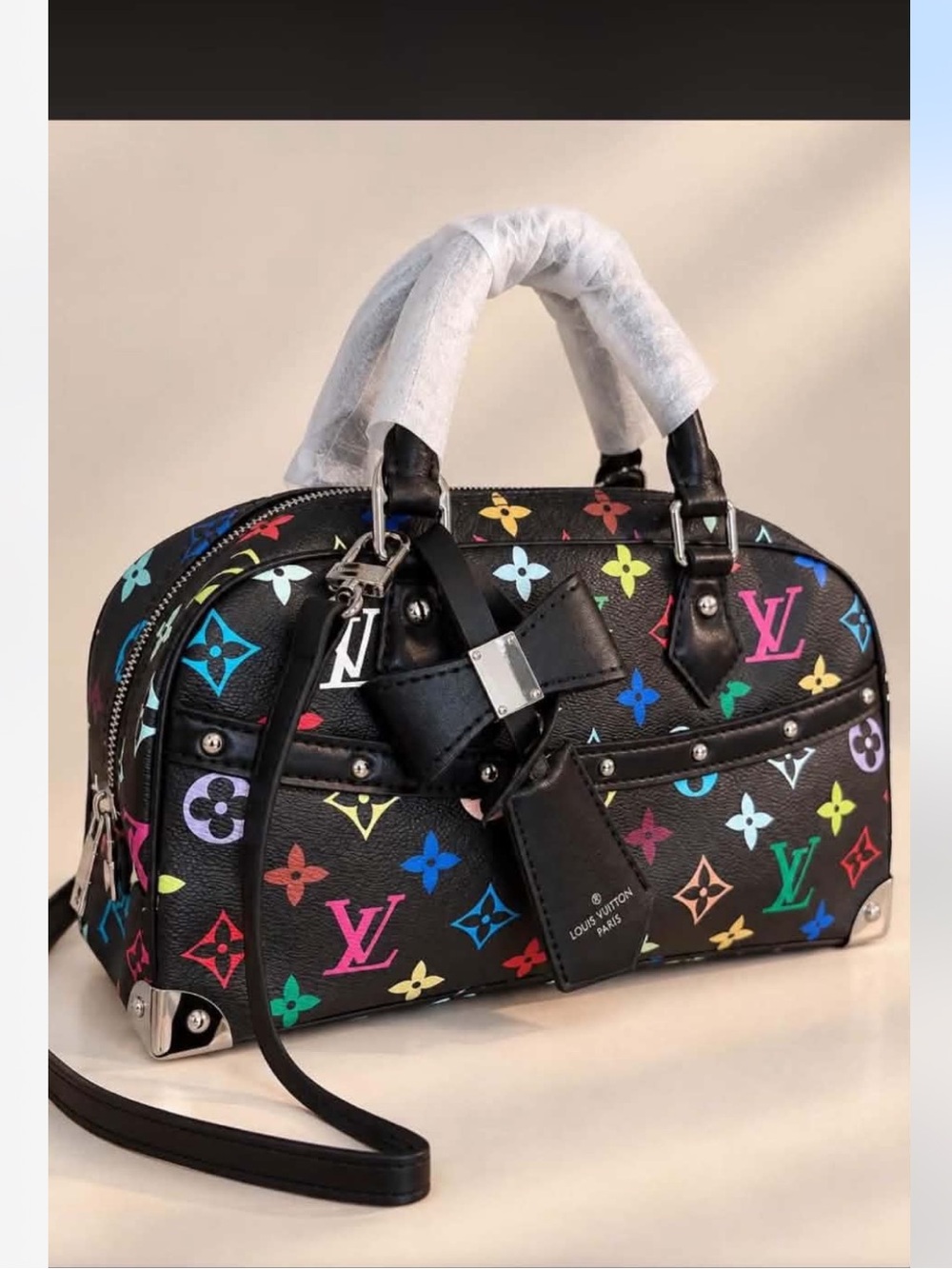 Elegant fashion design black Monogram vibrant multicolor top-handle bag.NWOT